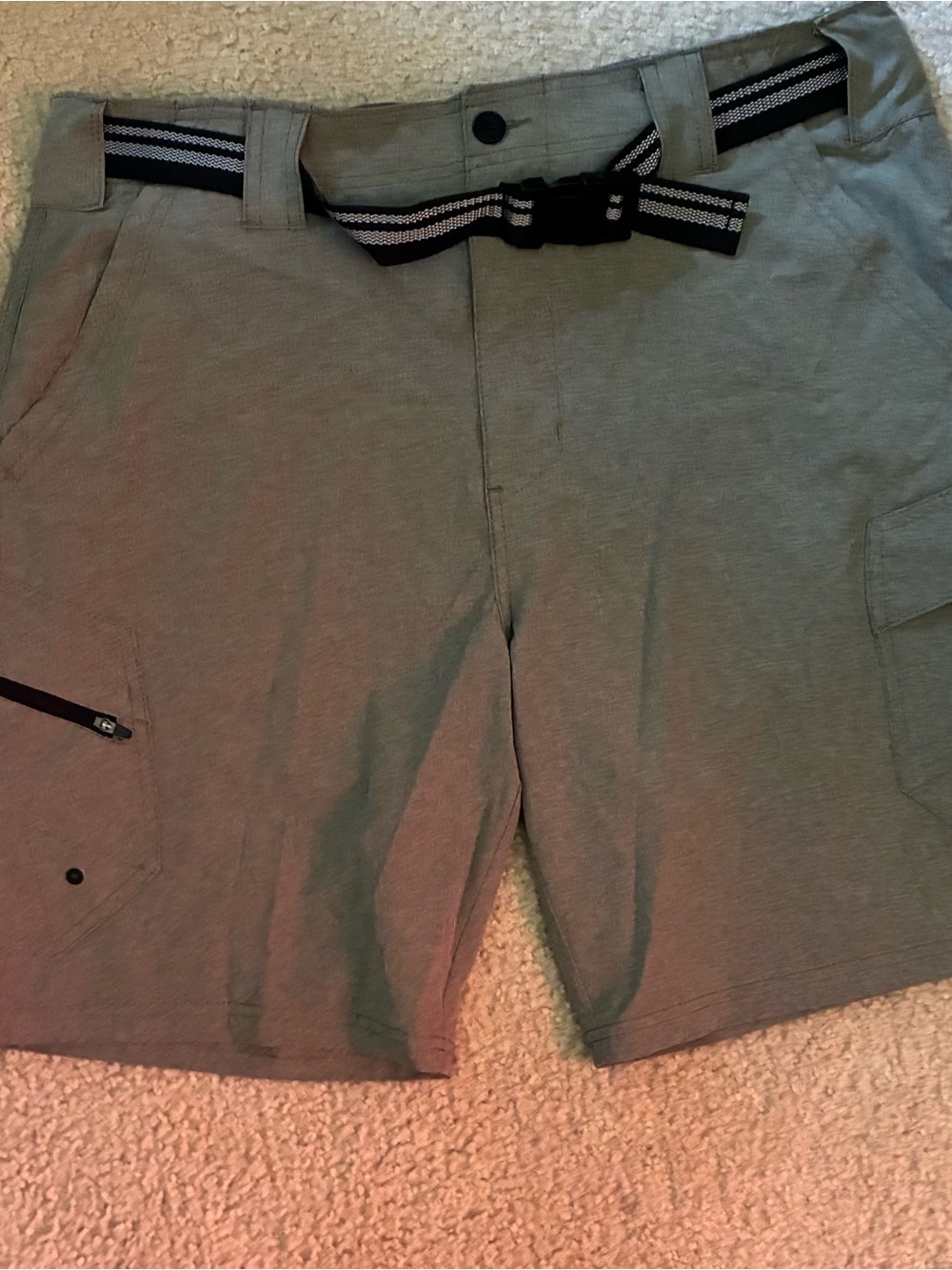 Men's Olive Green Hybrid Utility Shorts with Striped Webbing Belt